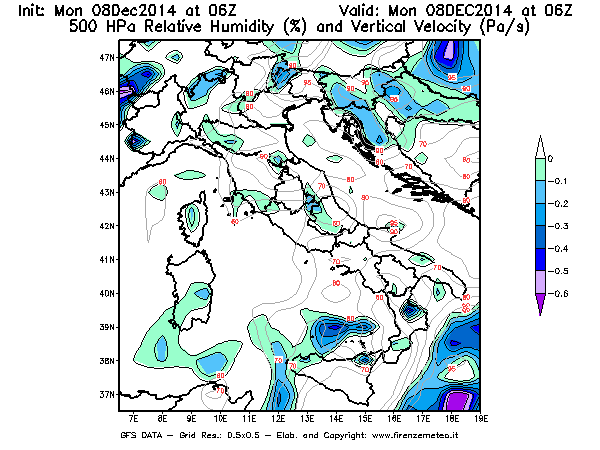 Mappa di analisi GFS - Umidità relativa [%] e Omega [Pa/s] a 500 hPa in Italia
									del 08/12/2014 06 <!--googleoff: index-->UTC<!--googleon: index-->
