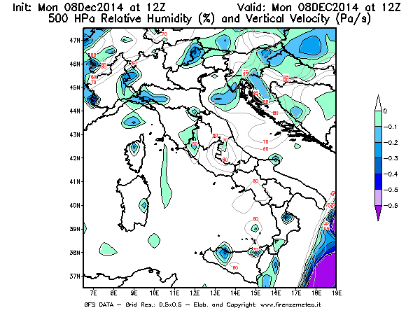 Mappa di analisi GFS - Umidità relativa [%] e Omega [Pa/s] a 500 hPa in Italia
									del 08/12/2014 12 <!--googleoff: index-->UTC<!--googleon: index-->