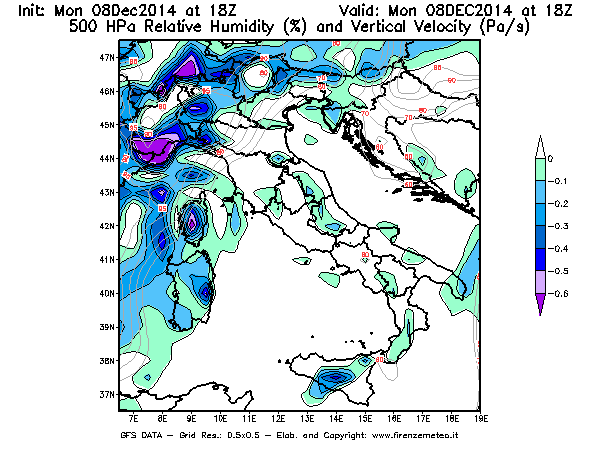 Mappa di analisi GFS - Umidità relativa [%] e Omega [Pa/s] a 500 hPa in Italia
									del 08/12/2014 18 <!--googleoff: index-->UTC<!--googleon: index-->