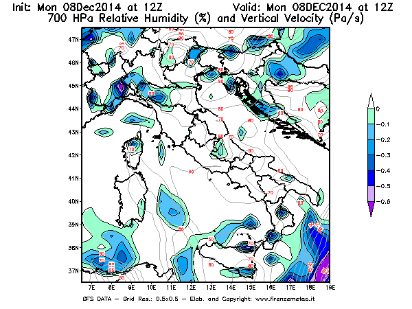 Mappa di analisi GFS - Umidità relativa [%] e Omega [Pa/s] a 700 hPa in Italia
									del 08/12/2014 12 <!--googleoff: index-->UTC<!--googleon: index-->