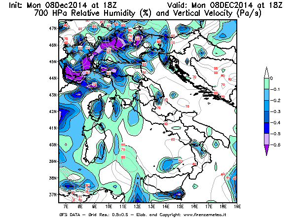 Mappa di analisi GFS - Umidità relativa [%] e Omega [Pa/s] a 700 hPa in Italia
									del 08/12/2014 18 <!--googleoff: index-->UTC<!--googleon: index-->