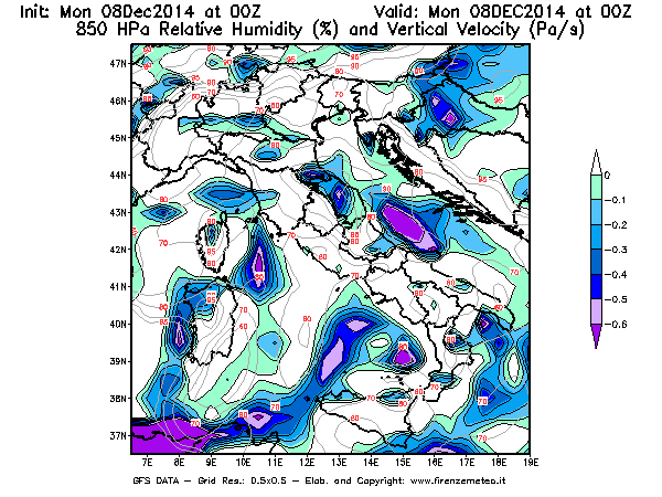 Mappa di analisi GFS - Umidità relativa [%] e Omega [Pa/s] a 850 hPa in Italia
									del 08/12/2014 00 <!--googleoff: index-->UTC<!--googleon: index-->