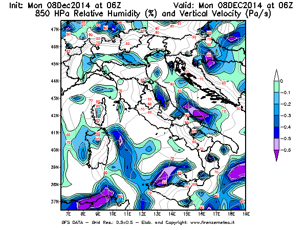 Mappa di analisi GFS - Umidità relativa [%] e Omega [Pa/s] a 850 hPa in Italia
									del 08/12/2014 06 <!--googleoff: index-->UTC<!--googleon: index-->