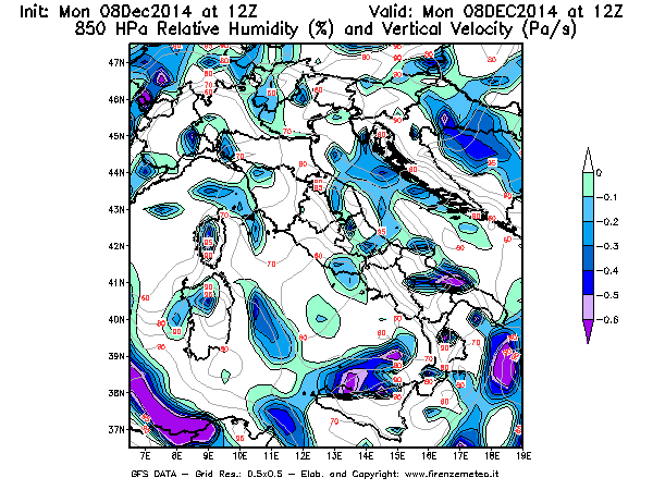 Mappa di analisi GFS - Umidità relativa [%] e Omega [Pa/s] a 850 hPa in Italia
									del 08/12/2014 12 <!--googleoff: index-->UTC<!--googleon: index-->