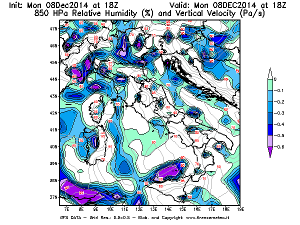Mappa di analisi GFS - Umidità relativa [%] e Omega [Pa/s] a 850 hPa in Italia
									del 08/12/2014 18 <!--googleoff: index-->UTC<!--googleon: index-->
