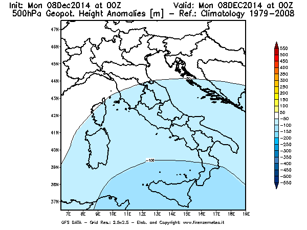 Mappa di analisi GFS - Anomalia di Geopotenziale a 500 hPa in Italia
									del 08/12/2014 00 <!--googleoff: index-->UTC<!--googleon: index-->