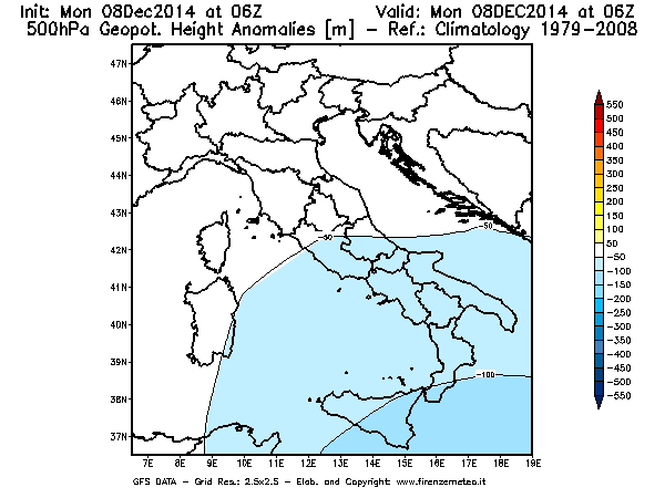 Mappa di analisi GFS - Anomalia di Geopotenziale a 500 hPa in Italia
									del 08/12/2014 06 <!--googleoff: index-->UTC<!--googleon: index-->