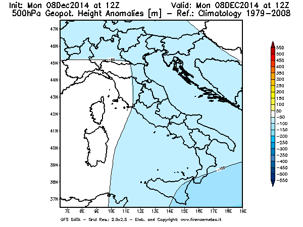 Mappa di analisi GFS - Anomalia di Geopotenziale a 500 hPa in Italia
									del 08/12/2014 12 <!--googleoff: index-->UTC<!--googleon: index-->