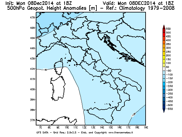 Mappa di analisi GFS - Anomalia di Geopotenziale a 500 hPa in Italia
									del 08/12/2014 18 <!--googleoff: index-->UTC<!--googleon: index-->