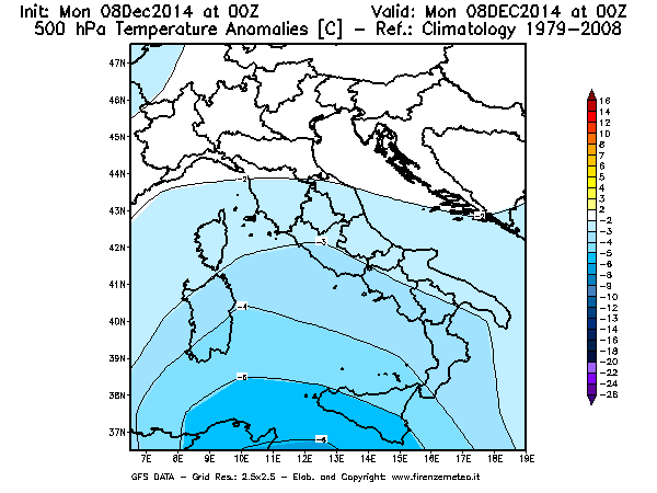 Mappa di analisi GFS - Anomalia Temperatura [°C] a 500 hPa in Italia
									del 08/12/2014 00 <!--googleoff: index-->UTC<!--googleon: index-->