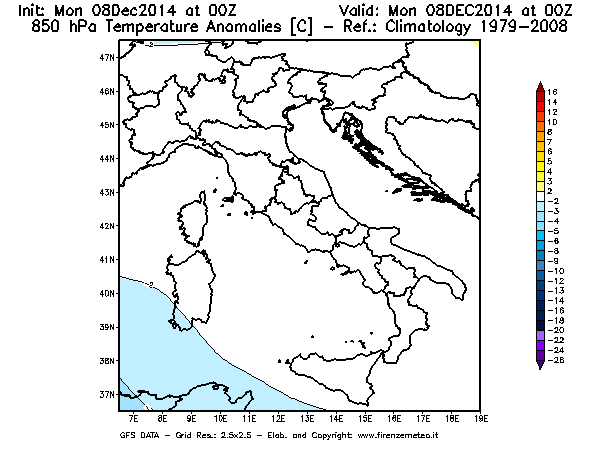 Mappa di analisi GFS - Anomalia Temperatura [°C] a 850 hPa in Italia
									del 08/12/2014 00 <!--googleoff: index-->UTC<!--googleon: index-->