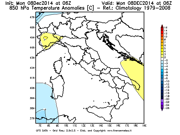 Mappa di analisi GFS - Anomalia Temperatura [°C] a 850 hPa in Italia
									del 08/12/2014 06 <!--googleoff: index-->UTC<!--googleon: index-->