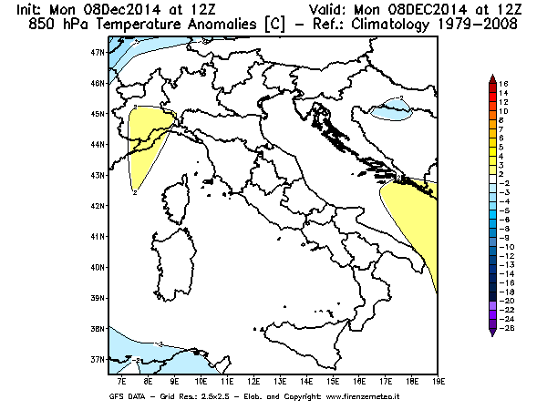 Mappa di analisi GFS - Anomalia Temperatura [°C] a 850 hPa in Italia
									del 08/12/2014 12 <!--googleoff: index-->UTC<!--googleon: index-->
