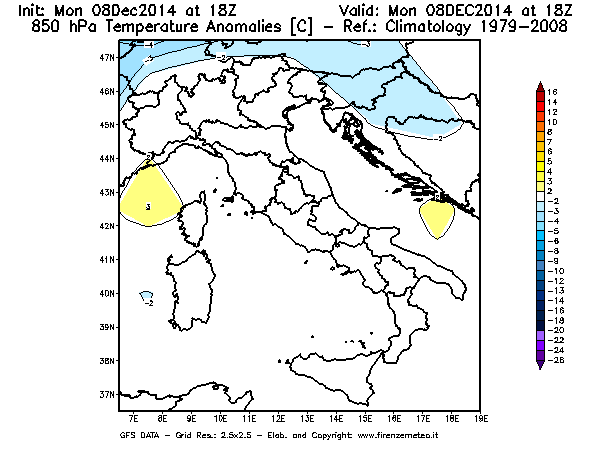 Mappa di analisi GFS - Anomalia Temperatura [°C] a 850 hPa in Italia
									del 08/12/2014 18 <!--googleoff: index-->UTC<!--googleon: index-->