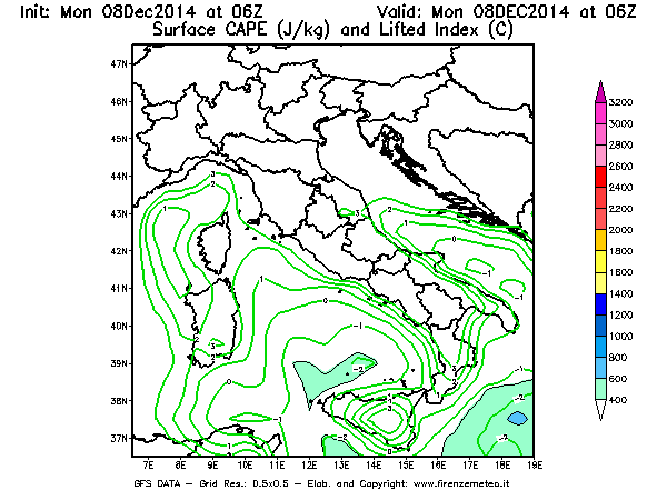 Mappa di analisi GFS - CAPE [J/kg] e Lifted Index [°C] in Italia
									del 08/12/2014 06 <!--googleoff: index-->UTC<!--googleon: index-->