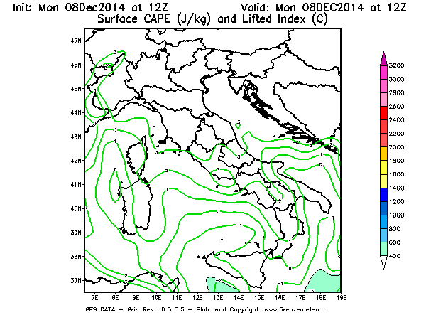 Mappa di analisi GFS - CAPE [J/kg] e Lifted Index [°C] in Italia
									del 08/12/2014 12 <!--googleoff: index-->UTC<!--googleon: index-->