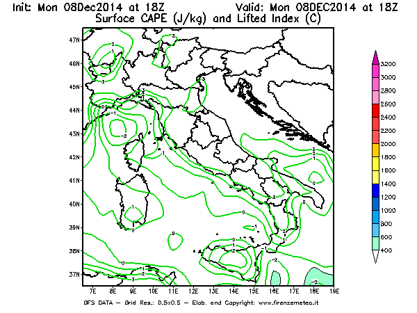 Mappa di analisi GFS - CAPE [J/kg] e Lifted Index [°C] in Italia
									del 08/12/2014 18 <!--googleoff: index-->UTC<!--googleon: index-->