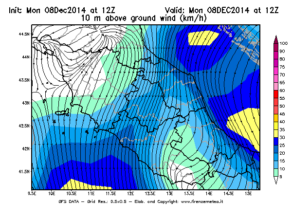 Mappa di analisi GFS - Velocità del vento a 10 metri dal suolo [km/h] in Centro-Italia
									del 08/12/2014 12 <!--googleoff: index-->UTC<!--googleon: index-->