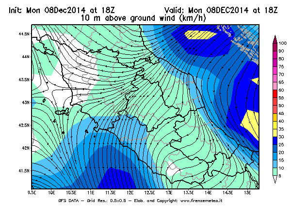 Mappa di analisi GFS - Velocità del vento a 10 metri dal suolo [km/h] in Centro-Italia
									del 08/12/2014 18 <!--googleoff: index-->UTC<!--googleon: index-->