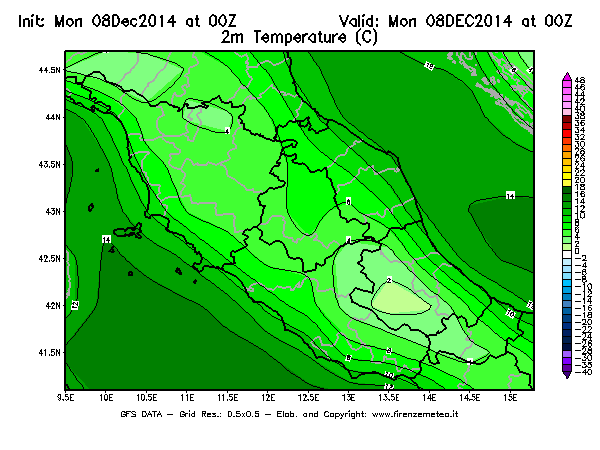Mappa di analisi GFS - Temperatura a 2 metri dal suolo [°C] in Centro-Italia
									del 08/12/2014 00 <!--googleoff: index-->UTC<!--googleon: index-->