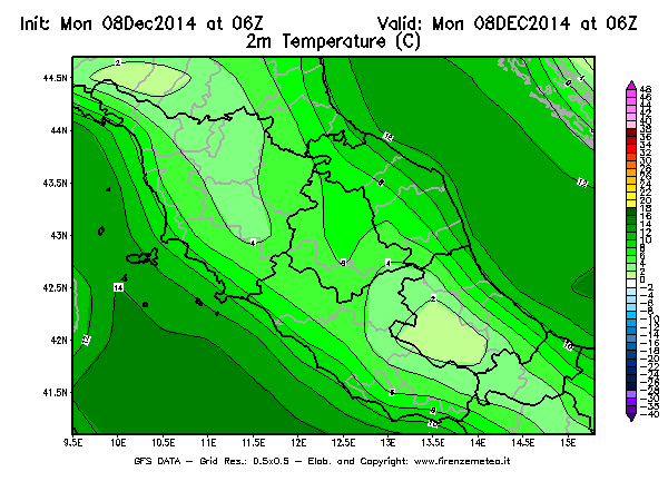 Mappa di analisi GFS - Temperatura a 2 metri dal suolo [°C] in Centro-Italia
									del 08/12/2014 06 <!--googleoff: index-->UTC<!--googleon: index-->