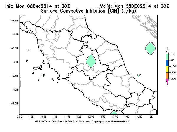 Mappa di analisi GFS - CIN [J/kg] in Centro-Italia
									del 08/12/2014 00 <!--googleoff: index-->UTC<!--googleon: index-->
