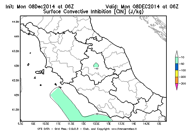 Mappa di analisi GFS - CIN [J/kg] in Centro-Italia
									del 08/12/2014 06 <!--googleoff: index-->UTC<!--googleon: index-->