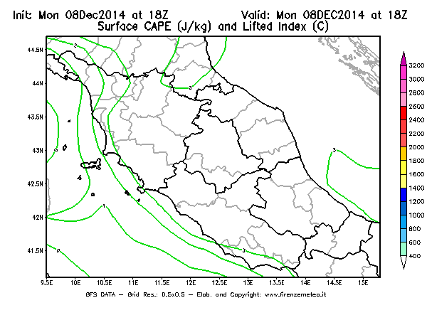 Mappa di analisi GFS - CAPE [J/kg] e Lifted Index [°C] in Centro-Italia
									del 08/12/2014 18 <!--googleoff: index-->UTC<!--googleon: index-->