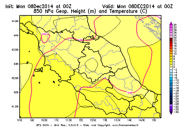 Mappa di analisi GFS - Geopotenziale [m] e Temperatura [°C] a 850 hPa in Centro-Italia
									del 08/12/2014 00 <!--googleoff: index-->UTC<!--googleon: index-->