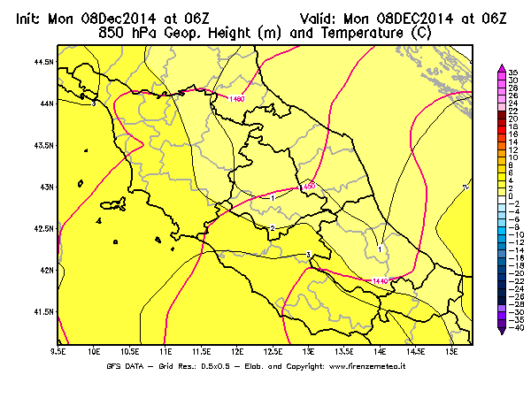 Mappa di analisi GFS - Geopotenziale [m] e Temperatura [°C] a 850 hPa in Centro-Italia
									del 08/12/2014 06 <!--googleoff: index-->UTC<!--googleon: index-->