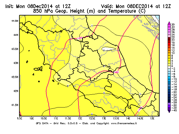 Mappa di analisi GFS - Geopotenziale [m] e Temperatura [°C] a 850 hPa in Centro-Italia
									del 08/12/2014 12 <!--googleoff: index-->UTC<!--googleon: index-->