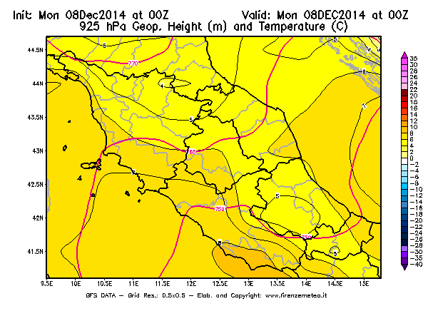Mappa di analisi GFS - Geopotenziale [m] e Temperatura [°C] a 925 hPa in Centro-Italia
									del 08/12/2014 00 <!--googleoff: index-->UTC<!--googleon: index-->