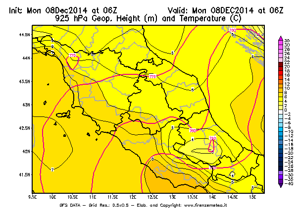 Mappa di analisi GFS - Geopotenziale [m] e Temperatura [°C] a 925 hPa in Centro-Italia
									del 08/12/2014 06 <!--googleoff: index-->UTC<!--googleon: index-->