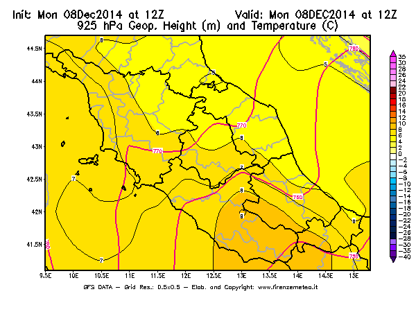 Mappa di analisi GFS - Geopotenziale [m] e Temperatura [°C] a 925 hPa in Centro-Italia
									del 08/12/2014 12 <!--googleoff: index-->UTC<!--googleon: index-->