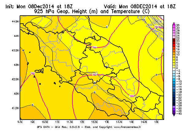 Mappa di analisi GFS - Geopotenziale [m] e Temperatura [°C] a 925 hPa in Centro-Italia
									del 08/12/2014 18 <!--googleoff: index-->UTC<!--googleon: index-->