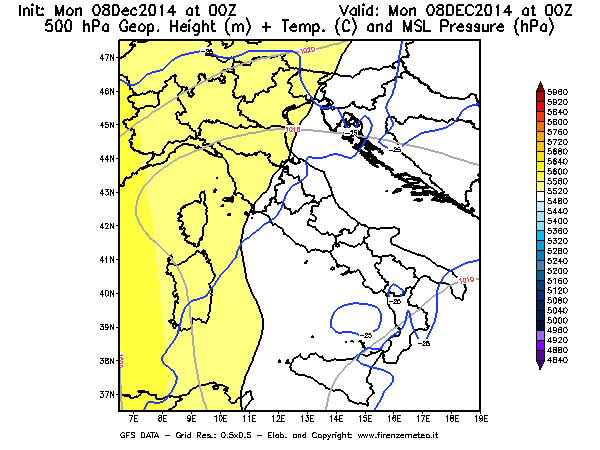 Mappa di analisi GFS - Geopotenziale [m] + Temp. [°C] a 500 hPa + Press. a livello del mare [hPa] in Italia
									del 08/12/2014 00 <!--googleoff: index-->UTC<!--googleon: index-->