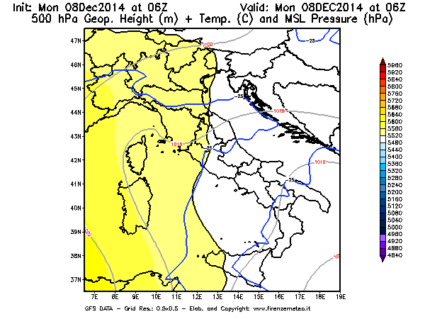 Mappa di analisi GFS - Geopotenziale [m] + Temp. [°C] a 500 hPa + Press. a livello del mare [hPa] in Italia
									del 08/12/2014 06 <!--googleoff: index-->UTC<!--googleon: index-->