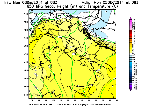 Mappa di analisi GFS - Geopotenziale [m] e Temperatura [°C] a 850 hPa in Italia
									del 08/12/2014 06 <!--googleoff: index-->UTC<!--googleon: index-->