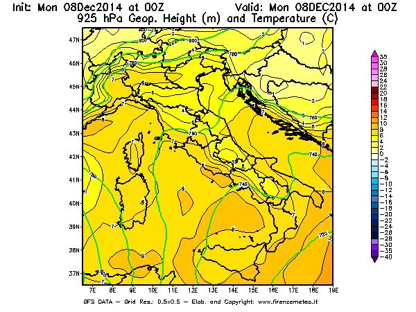 Mappa di analisi GFS - Geopotenziale [m] e Temperatura [°C] a 925 hPa in Italia
									del 08/12/2014 00 <!--googleoff: index-->UTC<!--googleon: index-->