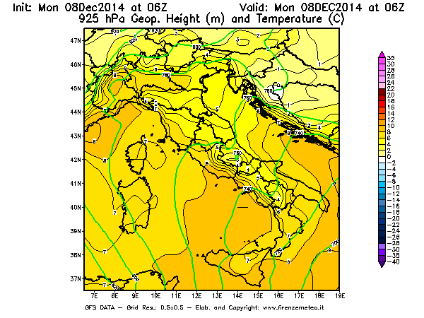 Mappa di analisi GFS - Geopotenziale [m] e Temperatura [°C] a 925 hPa in Italia
									del 08/12/2014 06 <!--googleoff: index-->UTC<!--googleon: index-->