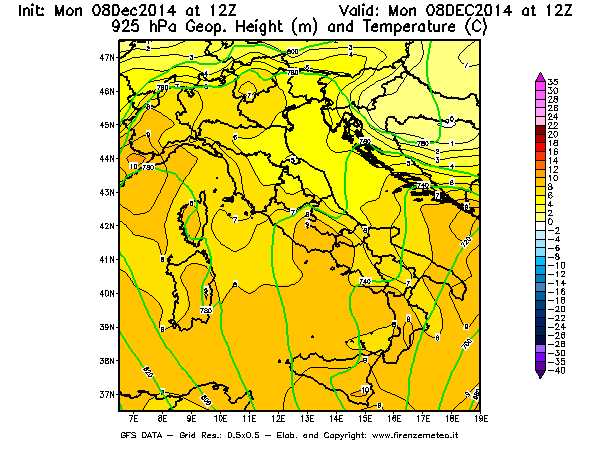 Mappa di analisi GFS - Geopotenziale [m] e Temperatura [°C] a 925 hPa in Italia
									del 08/12/2014 12 <!--googleoff: index-->UTC<!--googleon: index-->