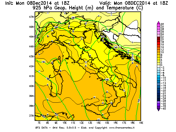 Mappa di analisi GFS - Geopotenziale [m] e Temperatura [°C] a 925 hPa in Italia
									del 08/12/2014 18 <!--googleoff: index-->UTC<!--googleon: index-->