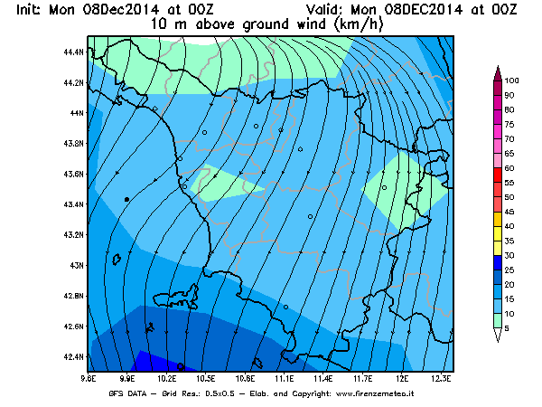 Mappa di analisi GFS - Velocità del vento a 10 metri dal suolo [km/h] in Toscana
									del 08/12/2014 00 <!--googleoff: index-->UTC<!--googleon: index-->