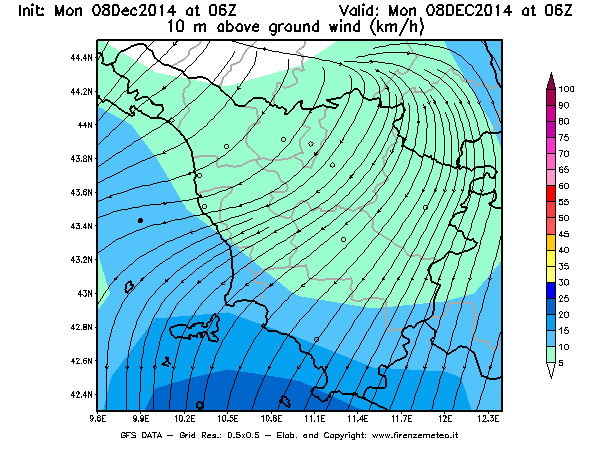 Mappa di analisi GFS - Velocità del vento a 10 metri dal suolo [km/h] in Toscana
									del 08/12/2014 06 <!--googleoff: index-->UTC<!--googleon: index-->