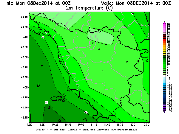 Mappa di analisi GFS - Temperatura a 2 metri dal suolo [°C] in Toscana
									del 08/12/2014 00 <!--googleoff: index-->UTC<!--googleon: index-->