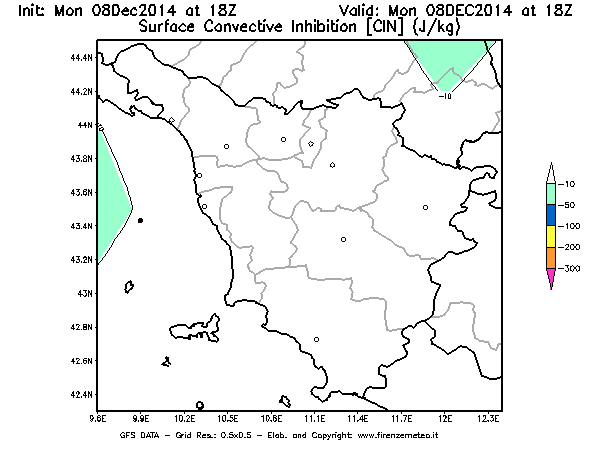 Mappa di analisi GFS - CIN [J/kg] in Toscana
									del 08/12/2014 18 <!--googleoff: index-->UTC<!--googleon: index-->