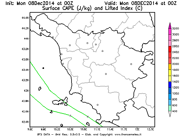 Mappa di analisi GFS - CAPE [J/kg] e Lifted Index [°C] in Toscana
									del 08/12/2014 00 <!--googleoff: index-->UTC<!--googleon: index-->