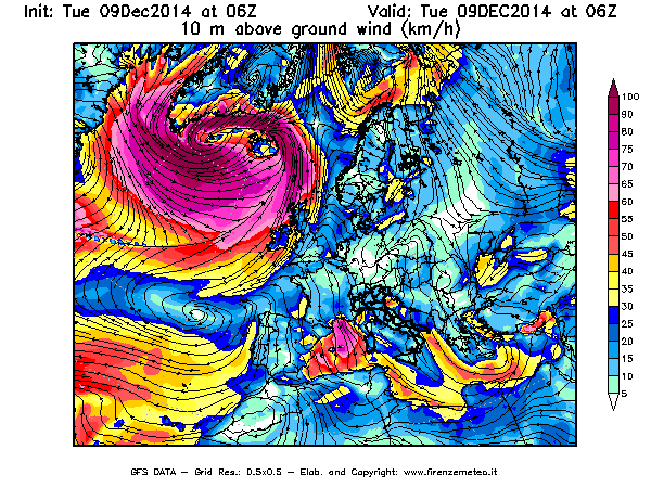 Mappa di analisi GFS - Velocità del vento a 10 metri dal suolo [km/h] in Europa
							del 09/12/2014 06 <!--googleoff: index-->UTC<!--googleon: index-->