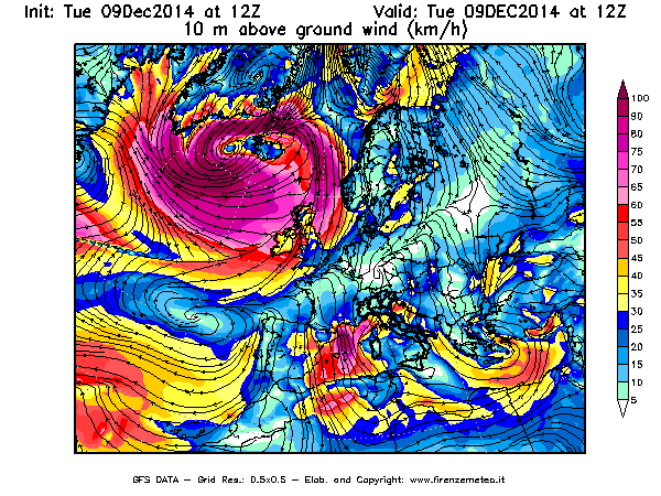 Mappa di analisi GFS - Velocità del vento a 10 metri dal suolo [km/h] in Europa
							del 09/12/2014 12 <!--googleoff: index-->UTC<!--googleon: index-->