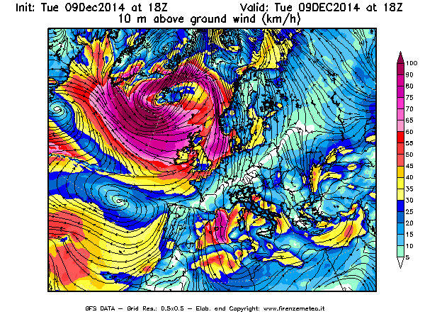 Mappa di analisi GFS - Velocità del vento a 10 metri dal suolo [km/h] in Europa
							del 09/12/2014 18 <!--googleoff: index-->UTC<!--googleon: index-->
